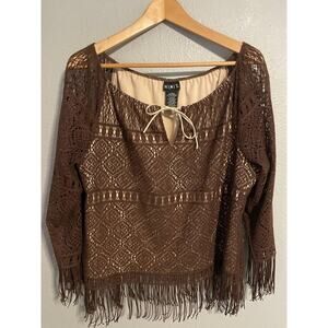 Mixit Blouse Womens XL Brown Crochet Lace Fringe Boho Made USA Peasant Top Y2K